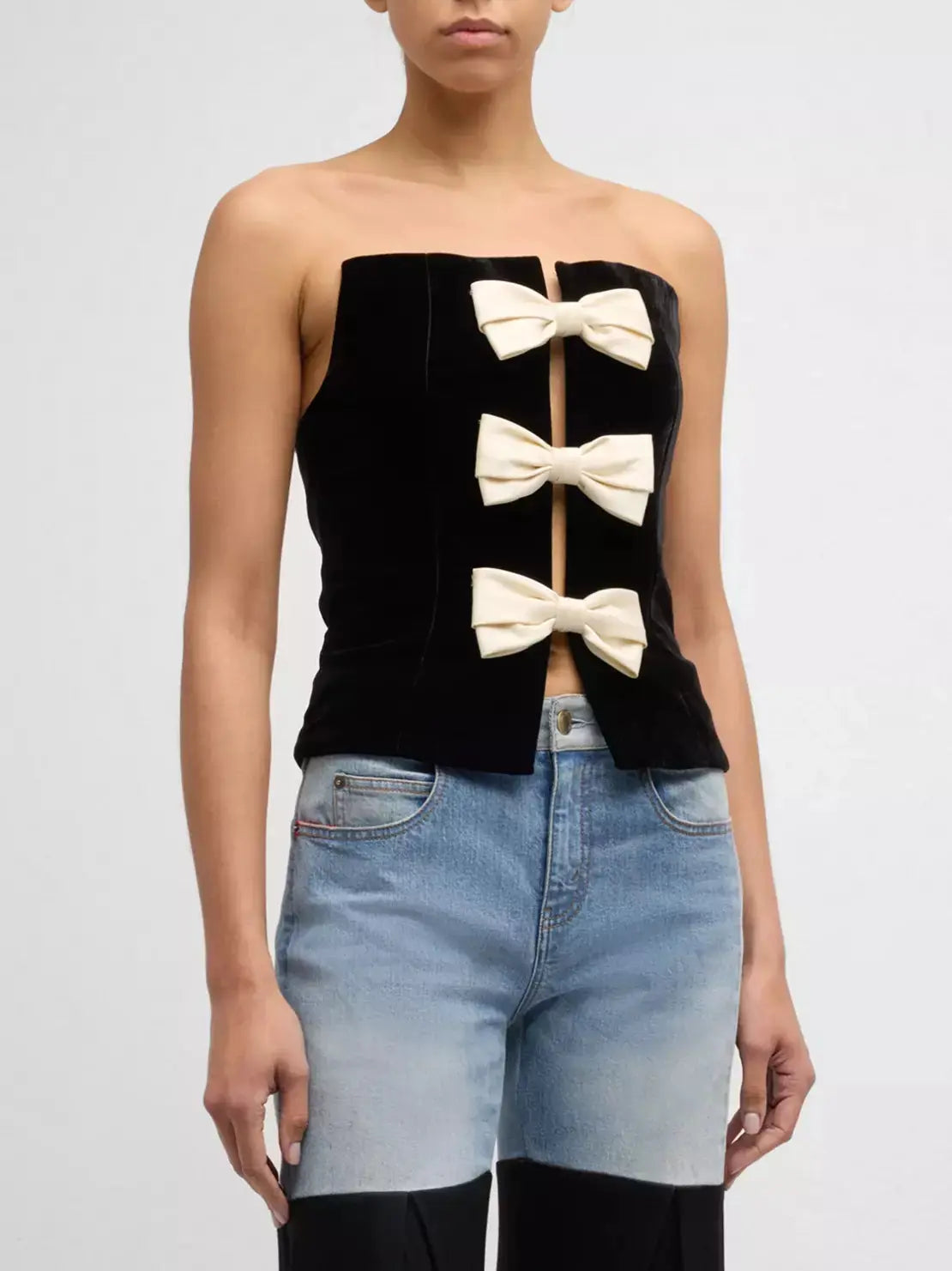 Black Velvet Corset-Top with Bow-Embellishment - Tops