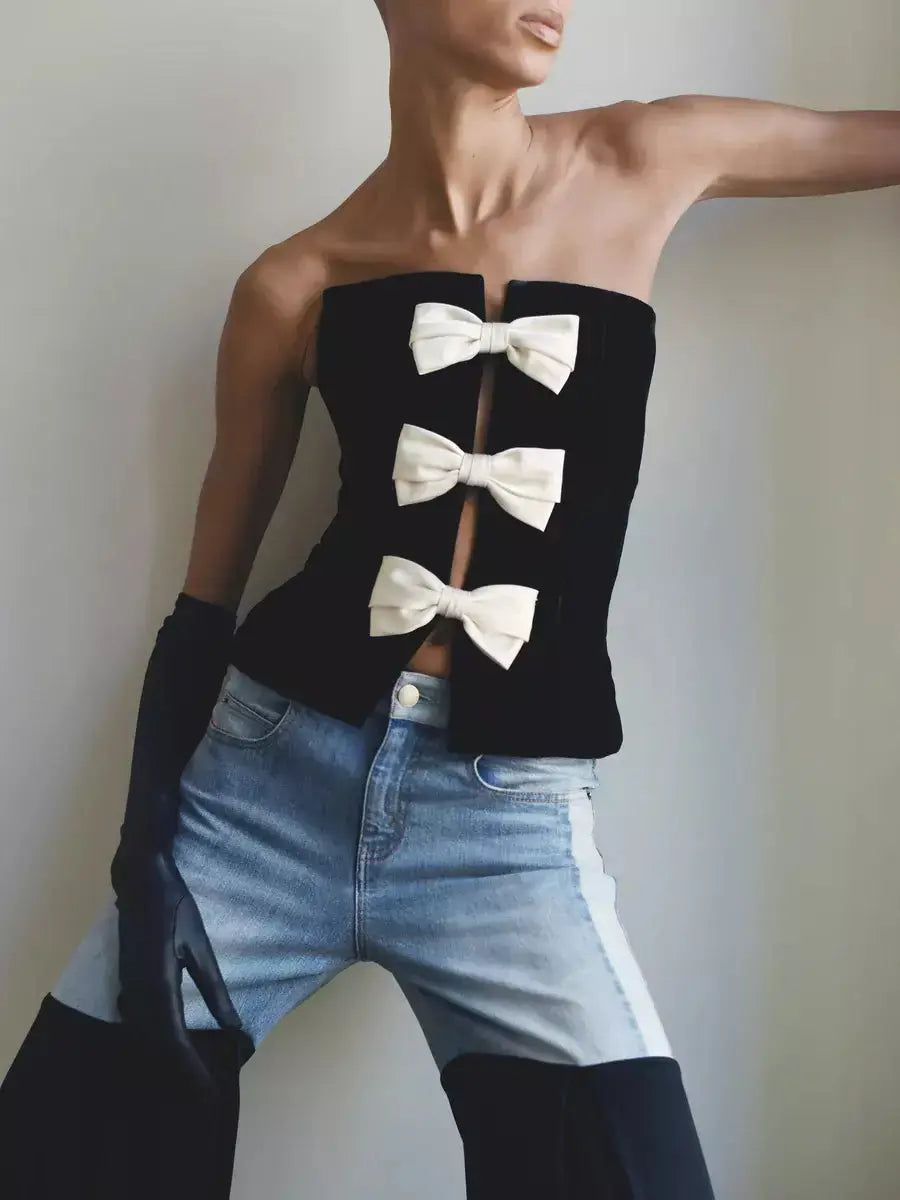 Black Velvet Corset-Top with Bow-Embellishment - Tops