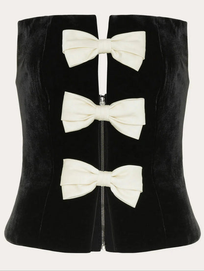 Black Velvet Corset-Top with Bow-Embellishment - Tops