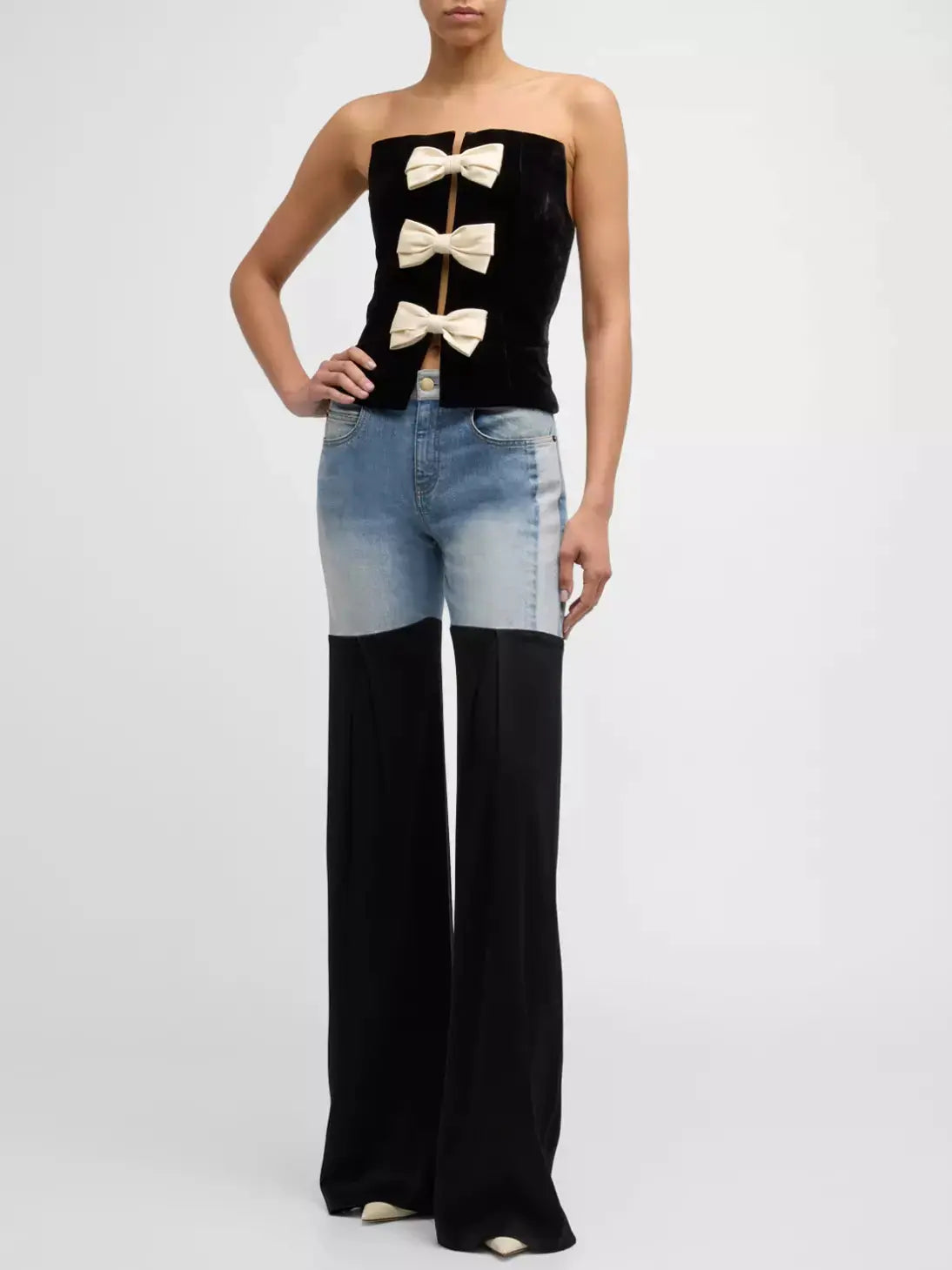 Black Velvet Corset-Top with Bow-Embellishment - Tops