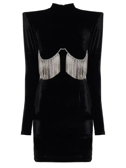 Black Velvet Crystal-Embellished Mini Dress - Dresses