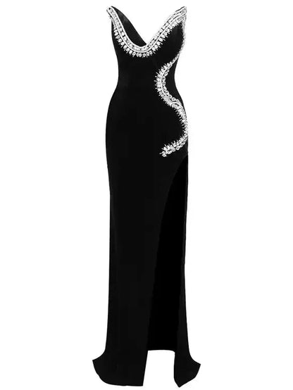 Black Velvet & Crystal Strapless Gown - Dresses