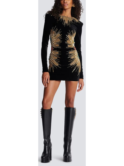 Black Velvet Dress with Pearl and Sequin Embroidery - Dresses