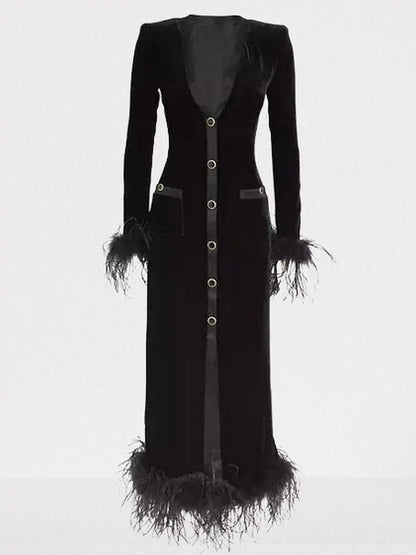 Black Velvet Feather-Trim Midi Dress - Dresses