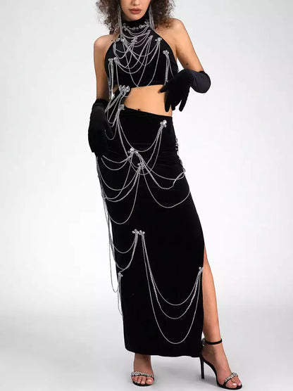 Black Velvet Halter Dress with Rhinestone Chains and Gloves - Dresses