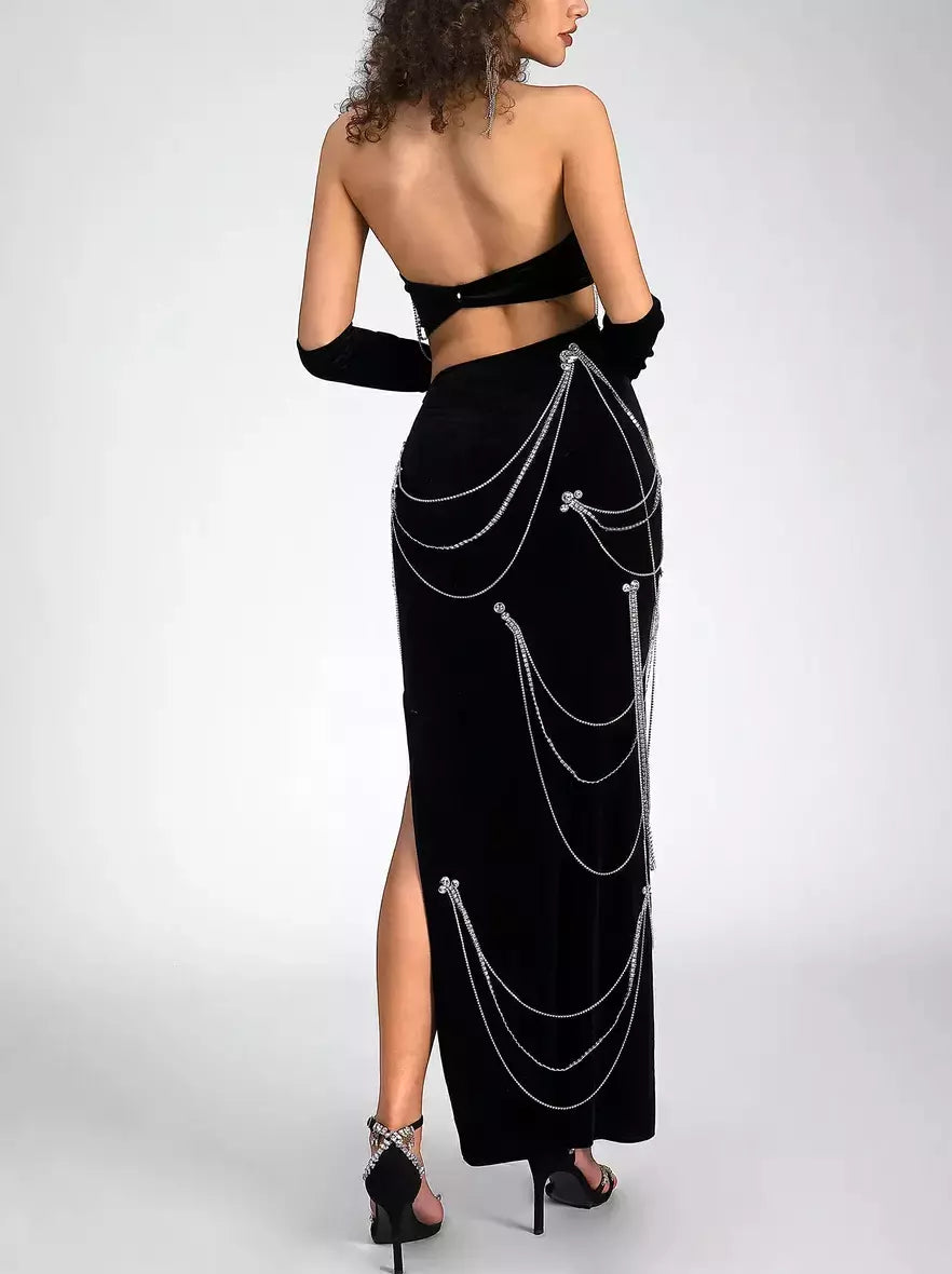 Black Velvet Halter Dress with Rhinestone Chains and Gloves - Dresses