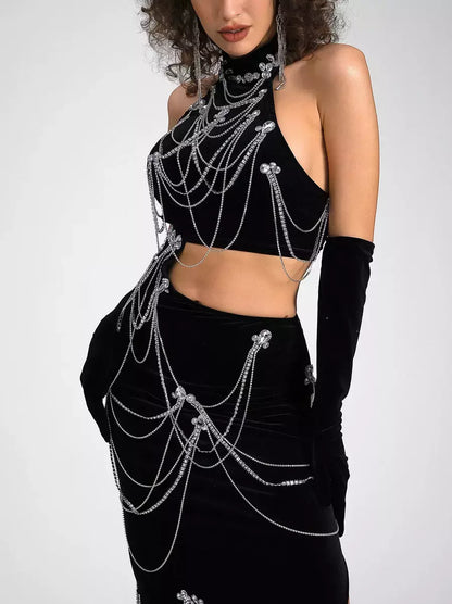 Black Velvet Halter Dress with Rhinestone Chains and Gloves - Dresses