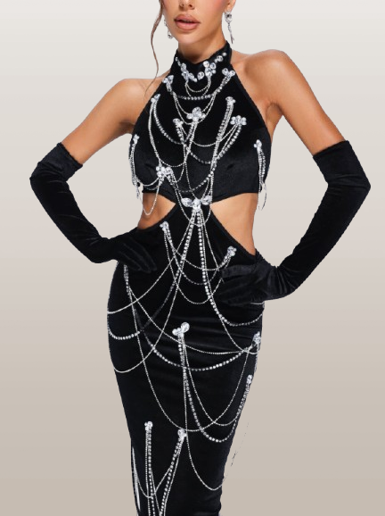 Black Velvet Halter Dress with Rhinestone Chains and Gloves - Dresses