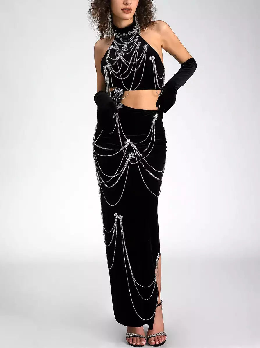 Black Velvet Halter Dress with Rhinestone Chains and Gloves - Dresses