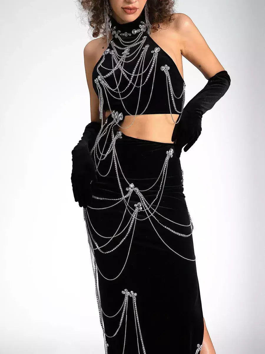 Black Velvet Halter Dress with Rhinestone Chains and Gloves - Dresses