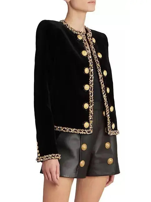 Black Velvet Jacket with Gold Sequin Embroidery - Jackets