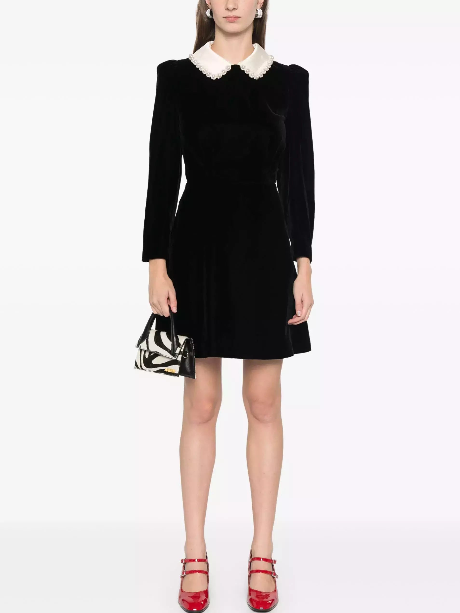 Black Velvet Mini Dress with Beaded Contrasting Collar - Dresses
