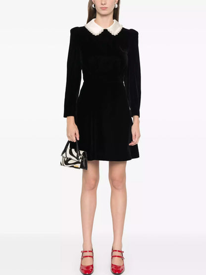 Black Velvet Mini Dress with Beaded Contrasting Collar - Dresses