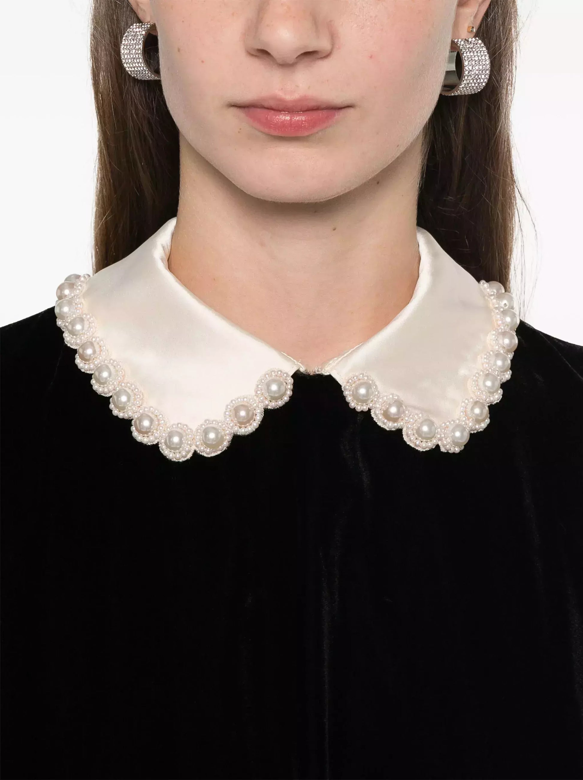 Black Velvet Mini Dress with Beaded Contrasting Collar - Dresses