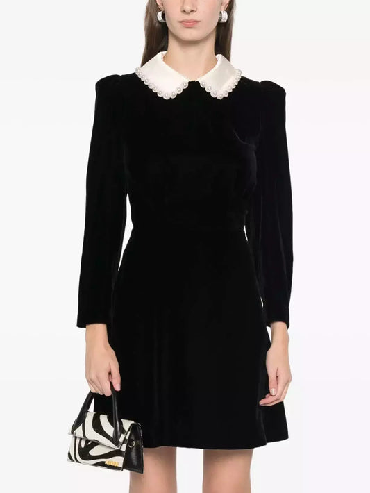 Black Velvet Mini Dress with Beaded Contrasting Collar - Dresses