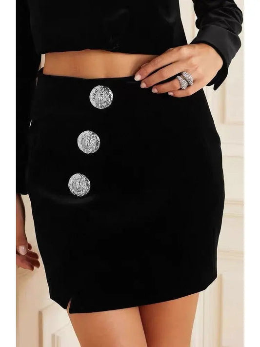 Black Velvet Mini Skirt with Buttons - Skirts