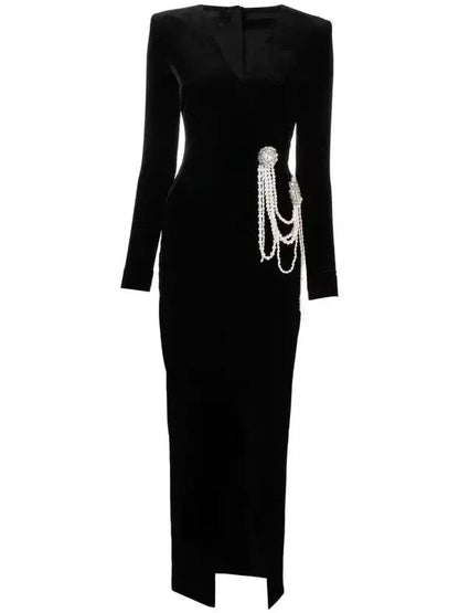 Black Velvet Pearl Chain-Embellished Dress - Dresses