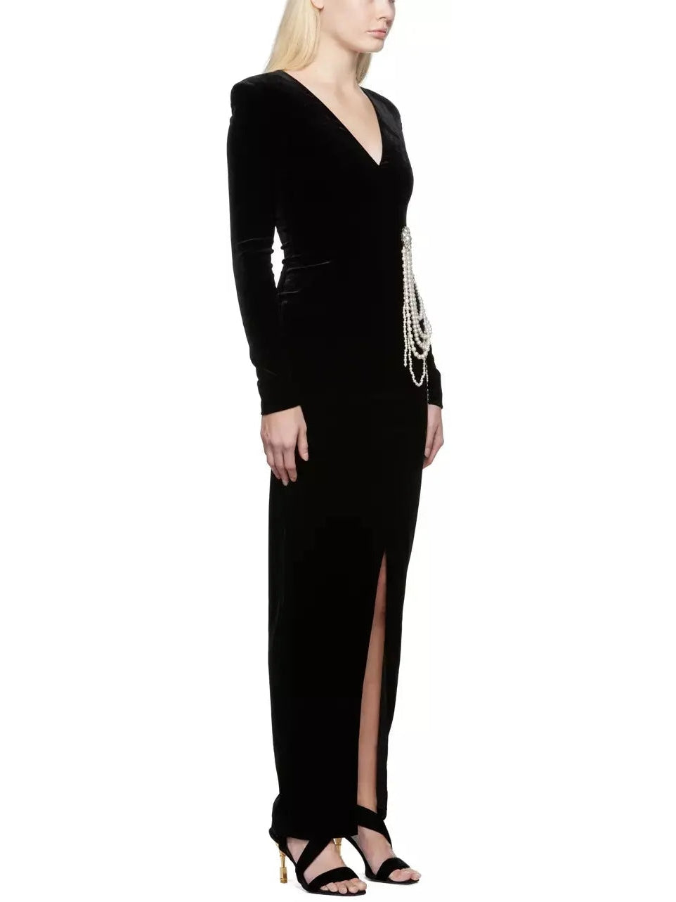 Black Velvet Pearl Chain-Embellished Dress - Dresses