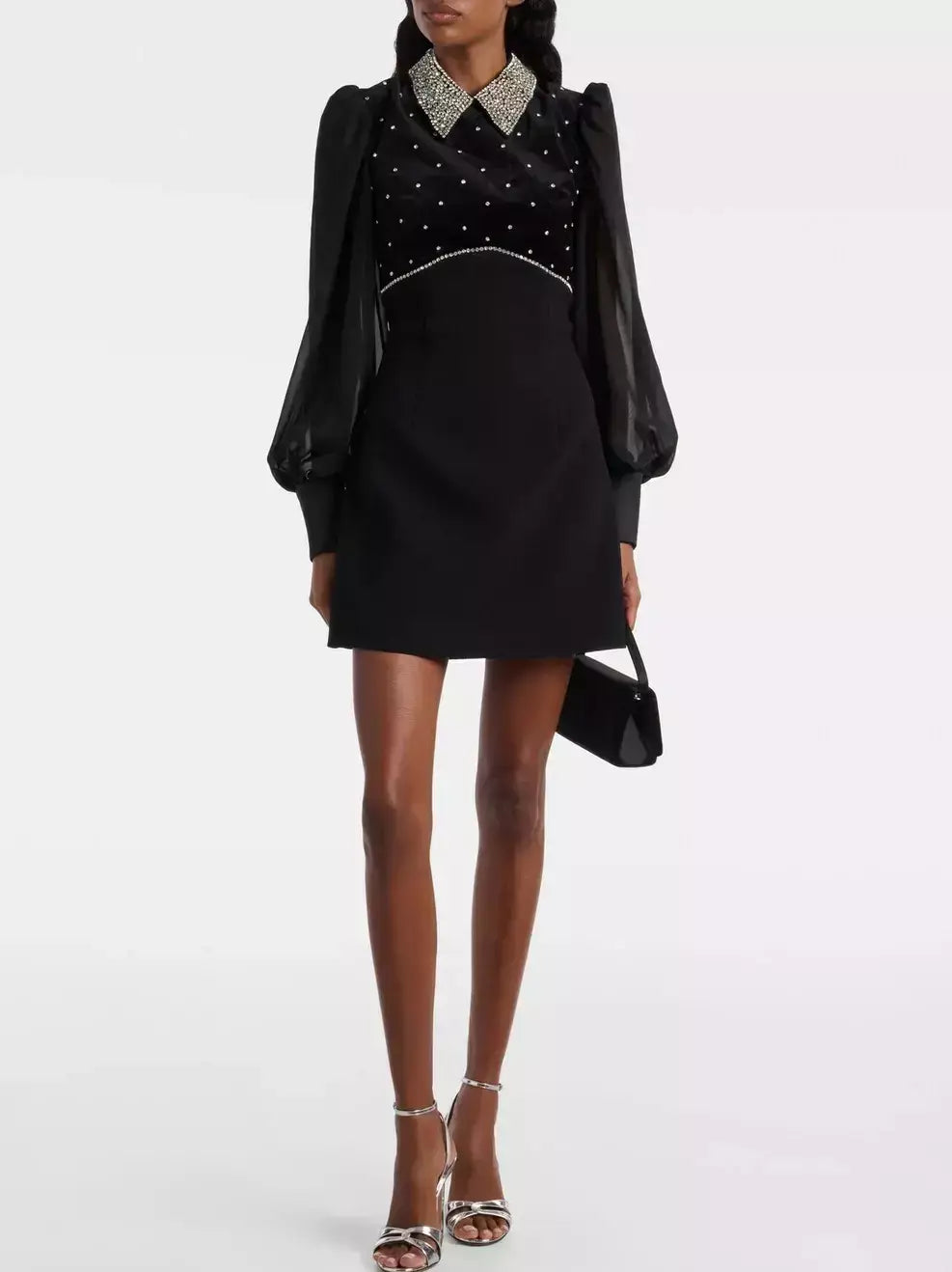 Black Velvet Rhinestone-Collar Mini Dress - Dresses