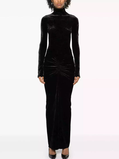 Black Velvet Ruched Long Dress - Dresses