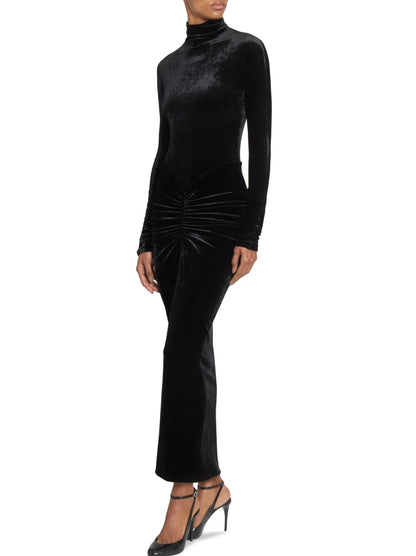 Black Velvet Ruched Long Dress - Dresses