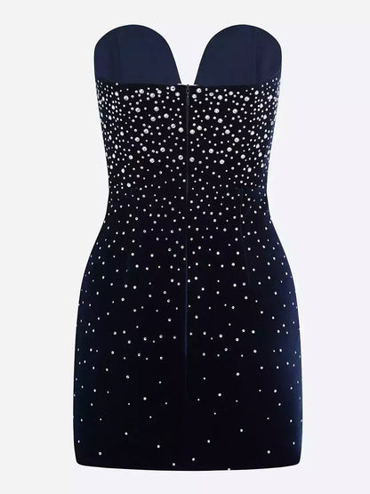 Black Velvet Strapless Embellished Mini Dress - Dresses
