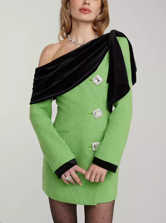 Black Velvet-Trim Green Tweed Dress with Diamond Buttons Black Velvet-Trim Green Tweed Dress with Diamond Buttons