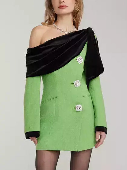 Black Velvet-Trim Green Tweed Dress with Diamond Buttons - Dresses