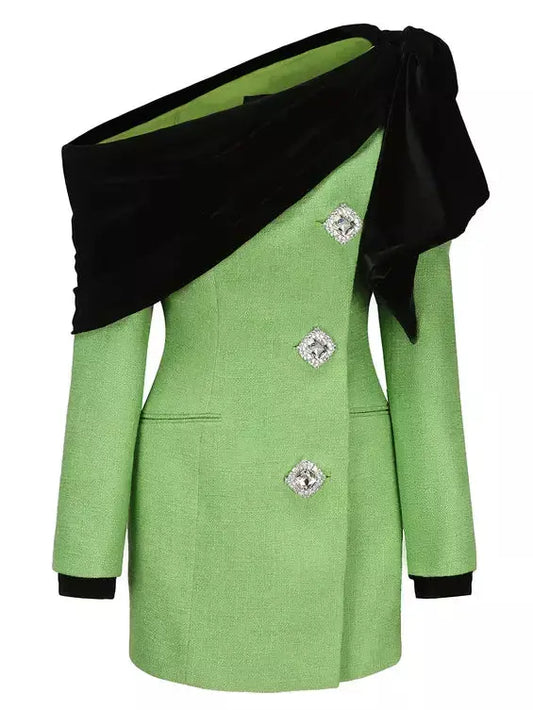 Black Velvet-Trim Green Tweed Dress with Diamond Buttons - Dresses