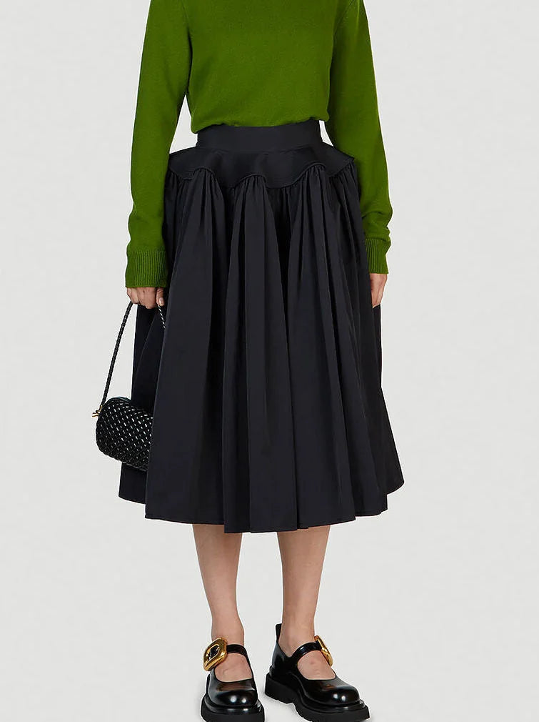 Black Voluminous Gathered Midi Skirt - Skirts