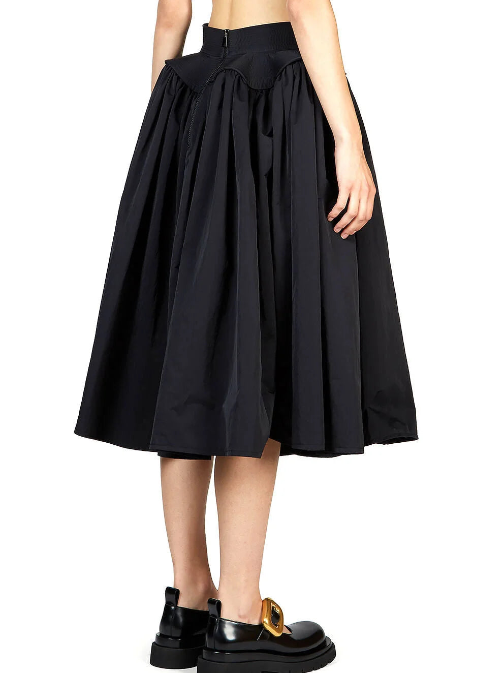 Black Voluminous Gathered Midi Skirt - Skirts