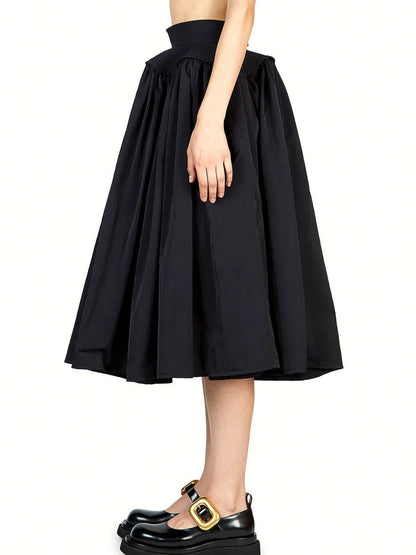 Black Voluminous Gathered Midi Skirt - Skirts