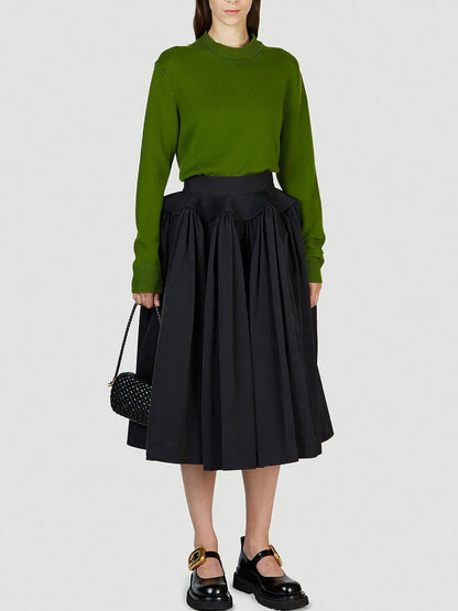 Black Voluminous Gathered Midi Skirt - Skirts