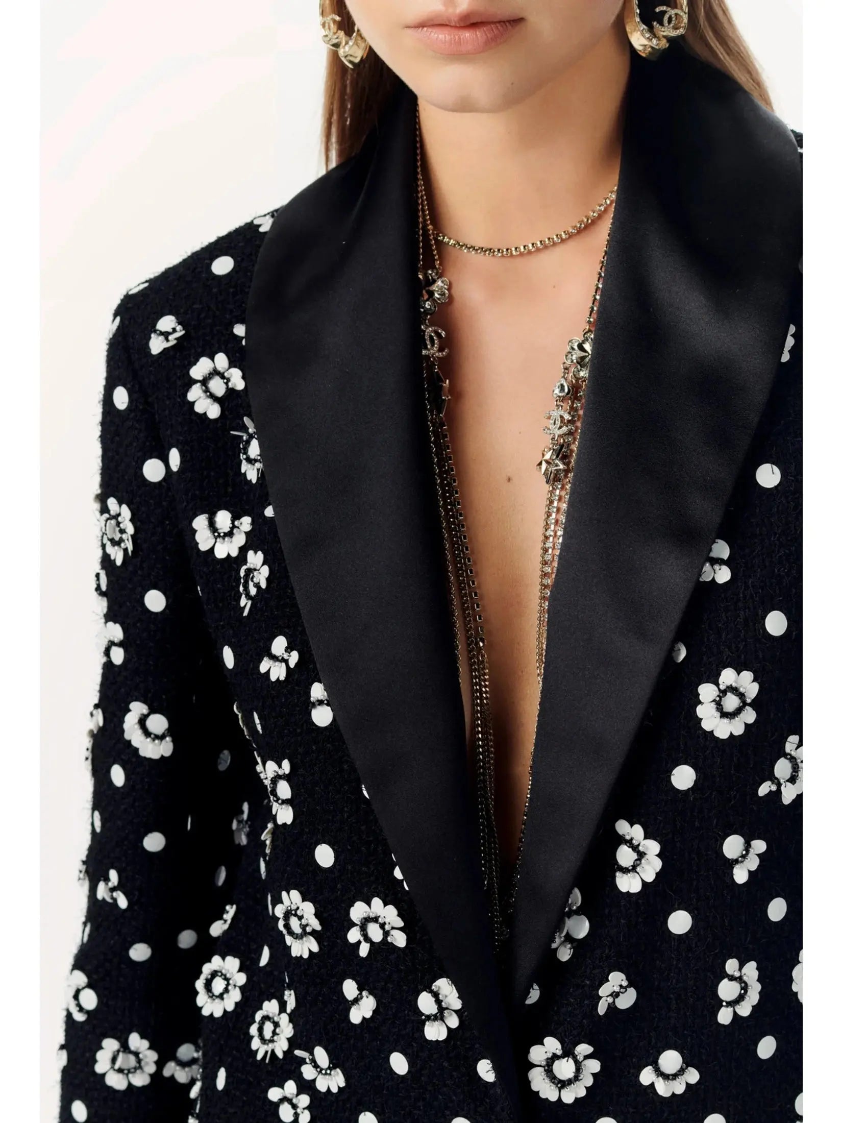 Black & White Embroidered Wool Tweed Jacket - Jackets