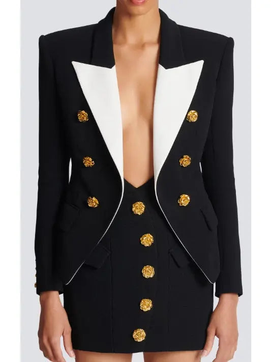 Black & White Slim-Fit Jacket with Roses Buttons - Jackets