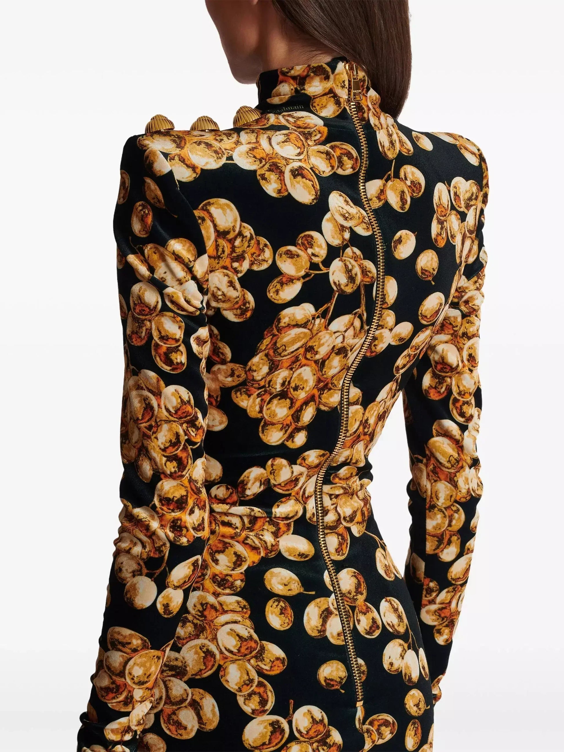 Black with Gold-Tone Grape Print Velvet Dress - Dresses