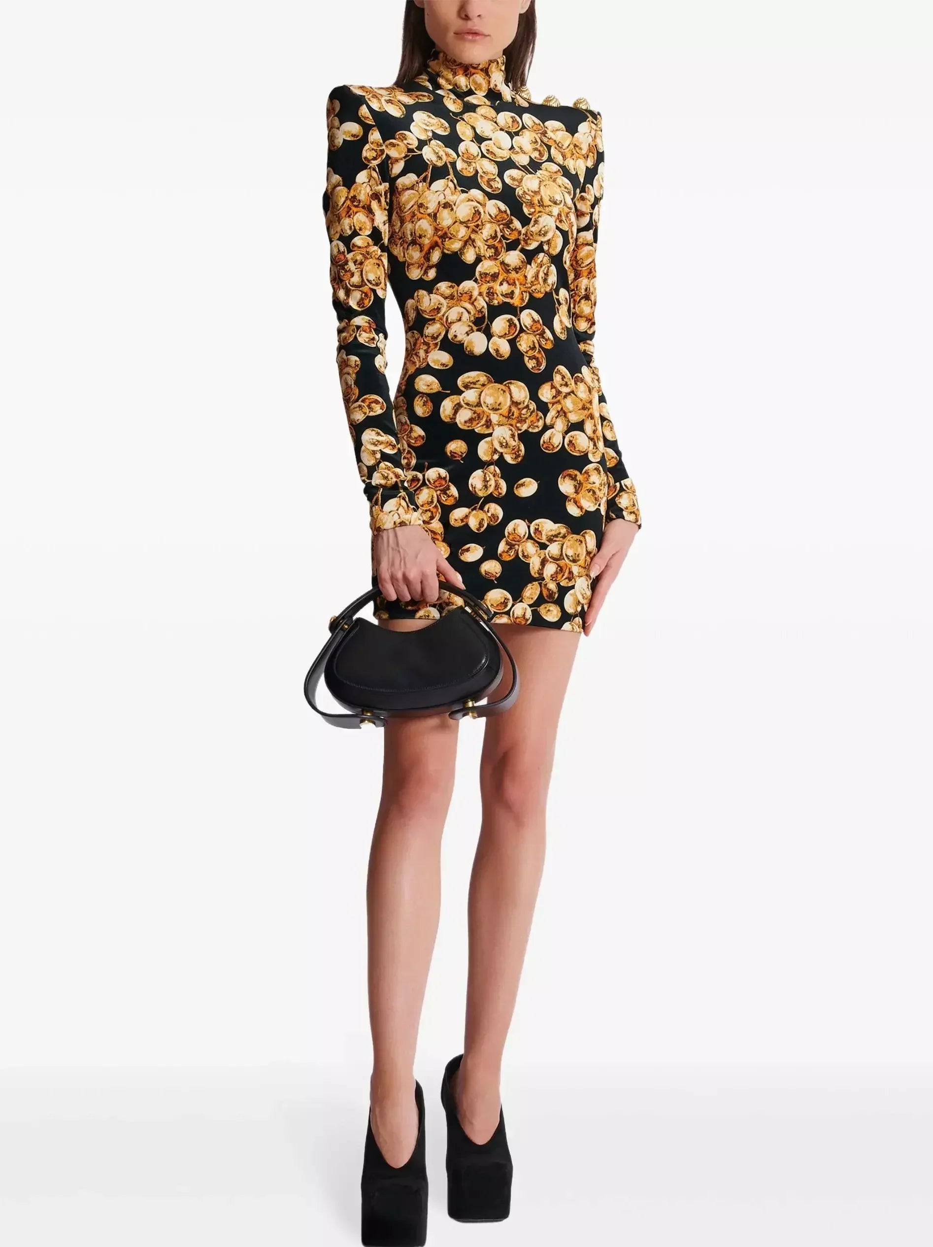 Black with Gold-Tone Grape Print Velvet Dress - Dresses