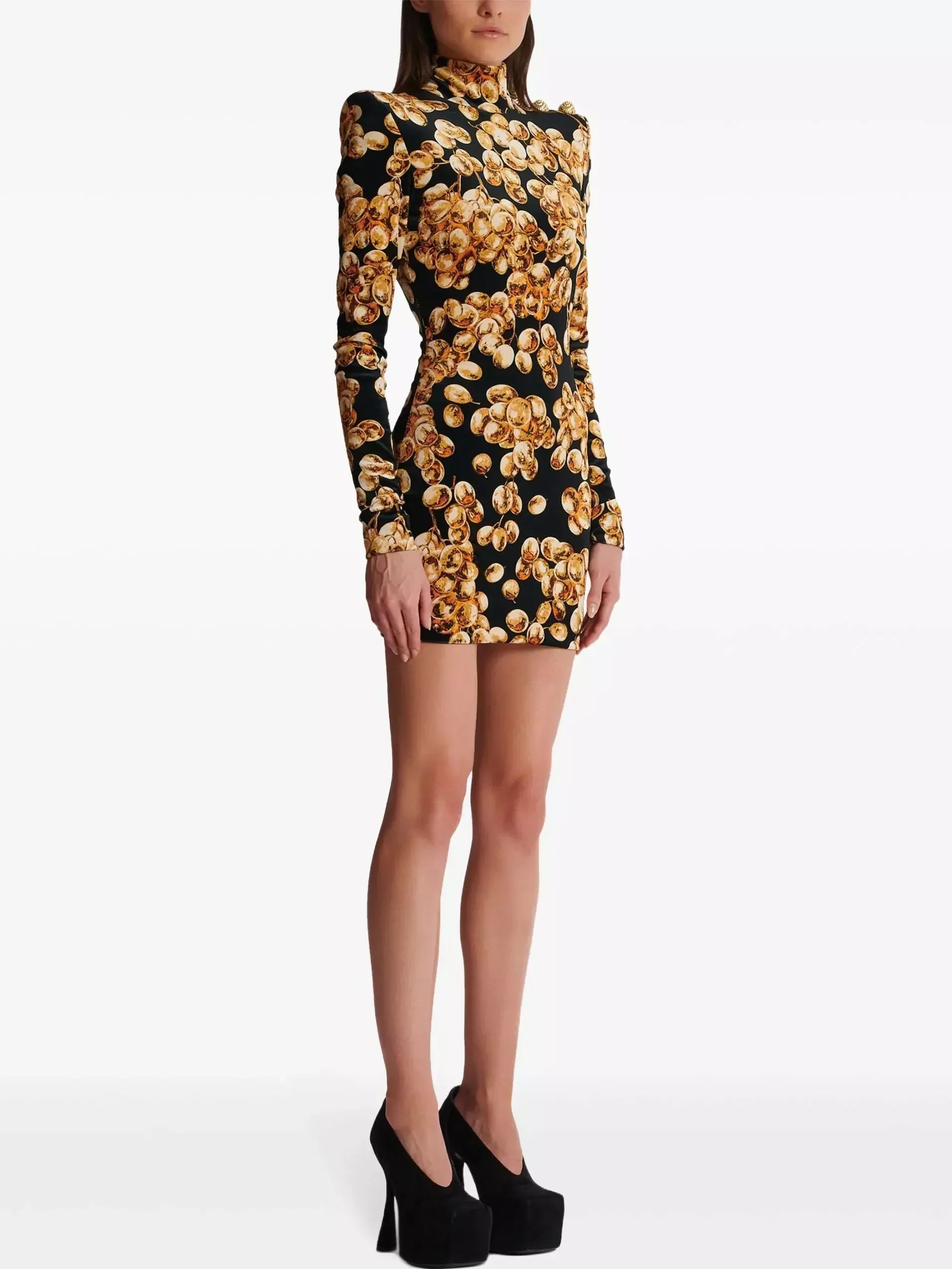 Black with Gold-Tone Grape Print Velvet Dress - Dresses