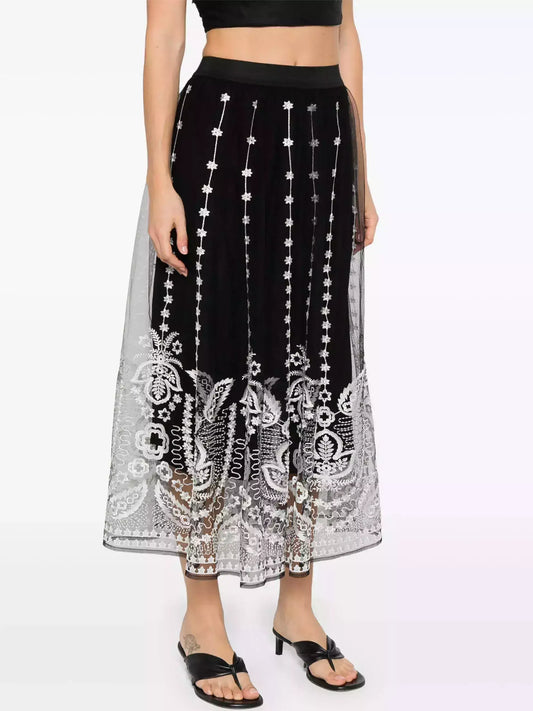 Black with White Embroidery Semi Sheer Overlay Skirt - Skirts