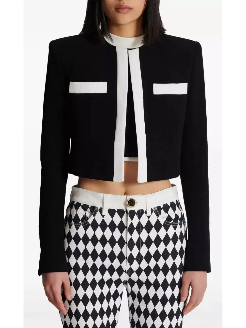 Black with White Trim Cropped Blazer Jacket - Jackets