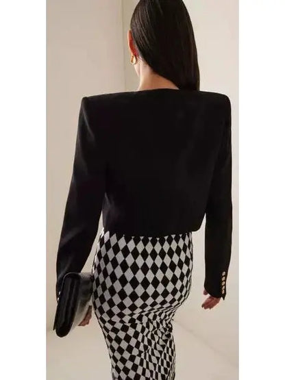 Black with White Trim Cropped Blazer Jacket - Jackets