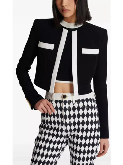 Black with White Trim Cropped Blazer Jacket - Jackets