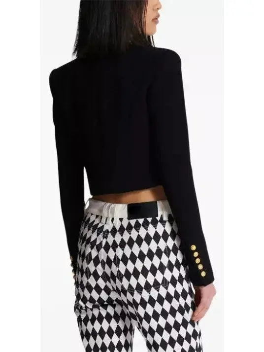 Black with White Trim Cropped Blazer Jacket - Jackets