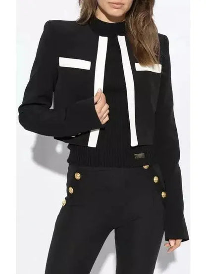 Black with White Trim Cropped Blazer Jacket - Jackets