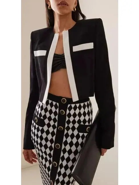 Black with White Trim Cropped Blazer Jacket - Jackets