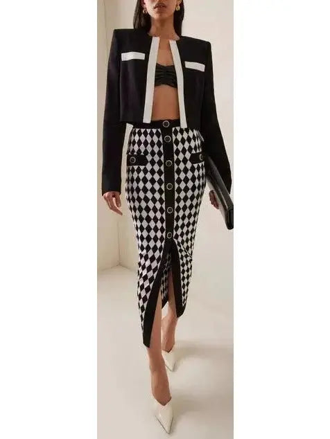 Black with White Trim Cropped Blazer Jacket - Jackets