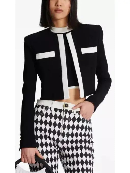 Black with White Trim Cropped Blazer Jacket - Jackets