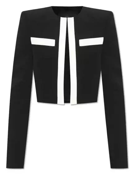 Black with White Trim Cropped Blazer Jacket - Jackets