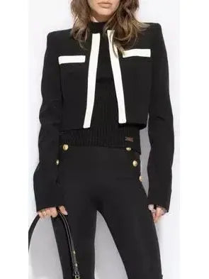 Black with White Trim Cropped Blazer Jacket - Jackets