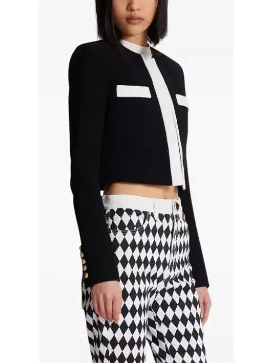 Black with White Trim Cropped Blazer Jacket - Jackets